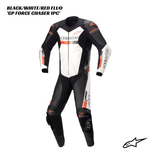 Alpinestars GP Force Chaser 1-Piece Leather Suit BLACK WHITE RED FLUO