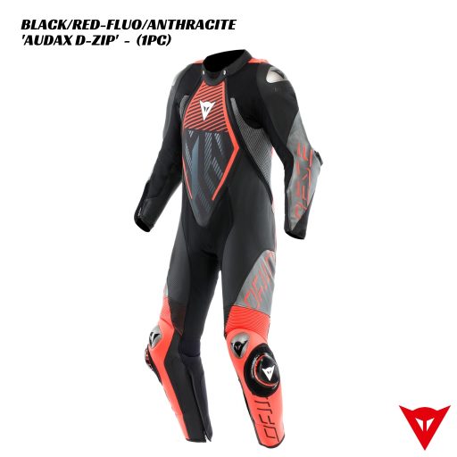 Dainese AUDAX D-ZIP 1PC Leather Suit - BLACK/RED-FLUO/ANTHRACITE