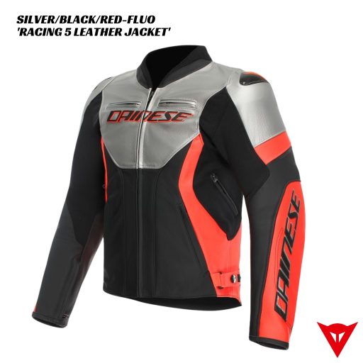 Dainese Racing 5 Leather Jacket - SILVER/BLACK/RED-FLUO